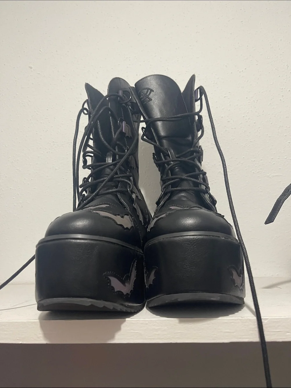 Black Platform Lace-Up Boots with Purple Bat Accents